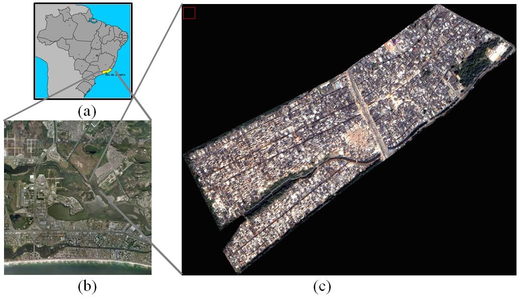 Fig. 1. (a) Map of Brazil and Rio de Janeiro. (b) Satellite view of JacarepaguÌÁ. (c) True color composition of the Rio das Pedras squatter settlement. Image acquired by IKONOS satellite on January 26, 2007.