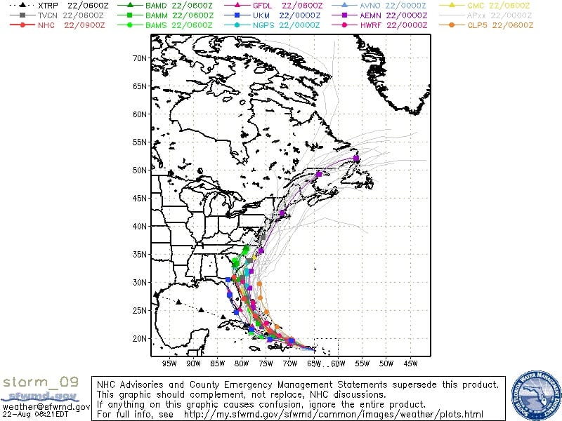 Spaghetti models showing the possible tracks for Hurricane Irene. Image Credit: SFWMD.gov