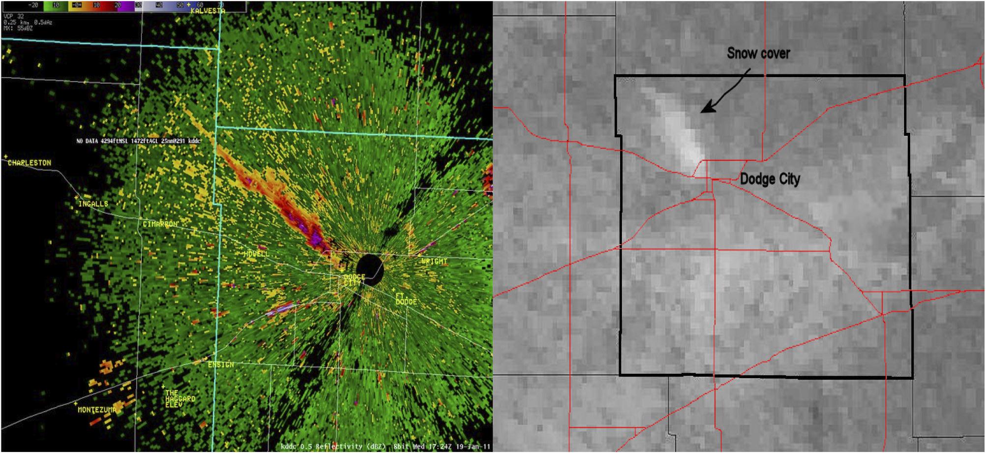 Figure 2: Dodge City unusual snow event. (a.) radar image at 1124 LST and (b) satellite image after the event. Source: National Weather Service.
