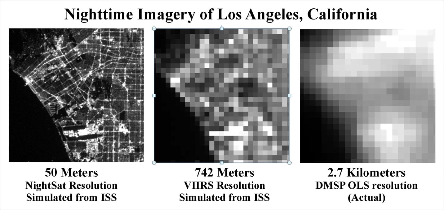 Nocturnal images of region of Los Angeles, California, that include LAX International Airport and Marina Del Rey. The 50- and 742- meter resolution images were simulated from a photograph taken from the International Space Station.