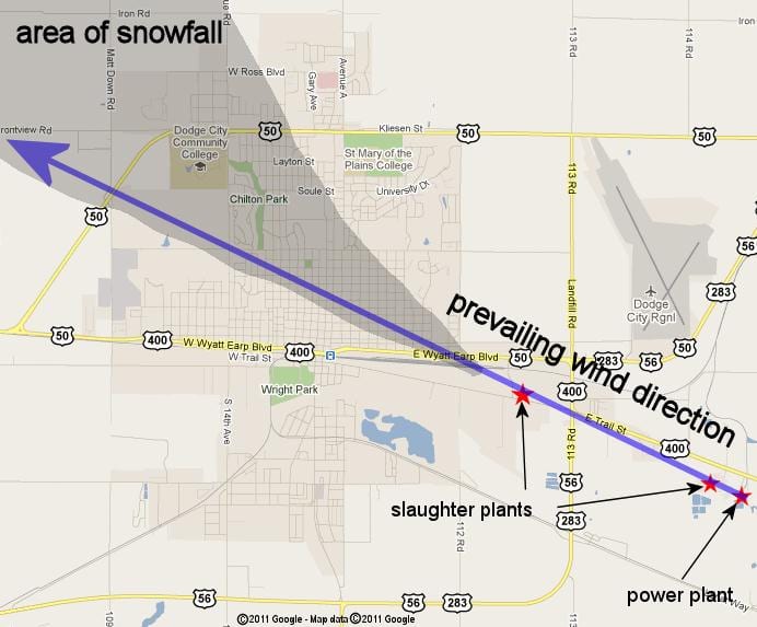 Figure 1: Dodge City, Kansas area and downwind region of unusual snow event. Source: National Weather Service..