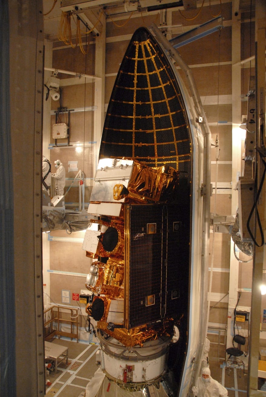The NPP spacecraft is installed inside the Delta II rocket's protective payload fairing. Image Source: NASA/VAFB