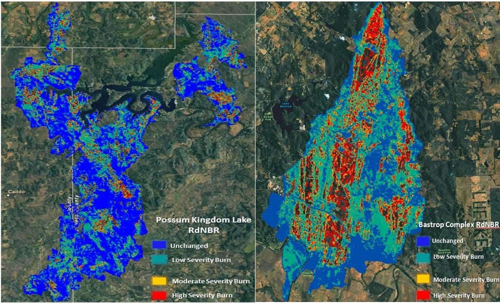 Relative difference Normalized Burn Ratios (RdNBR) showing four levels of burn severity in the Possum Kingdom Lake (left) and Bastrop Complex (right) fires. 