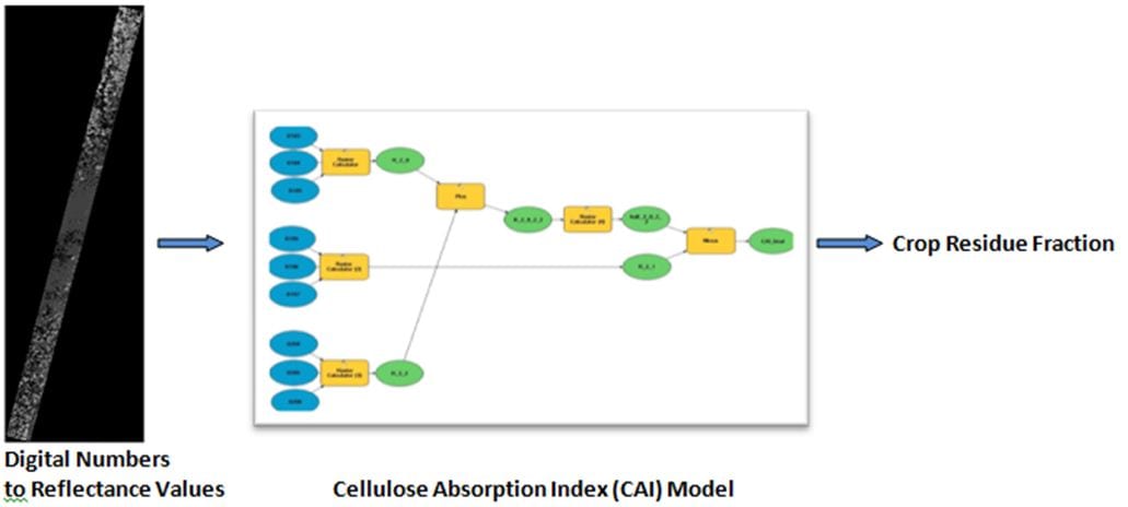 Methodology of our project: Digital numbers of Hyperion imagery are converted to reflectance values, which are then ingested into the Cellulose Absorption Index (CAI) Model. After map algebra is performed on intermediary Hyperion raster data sets, the model yields crop residue fraction. 