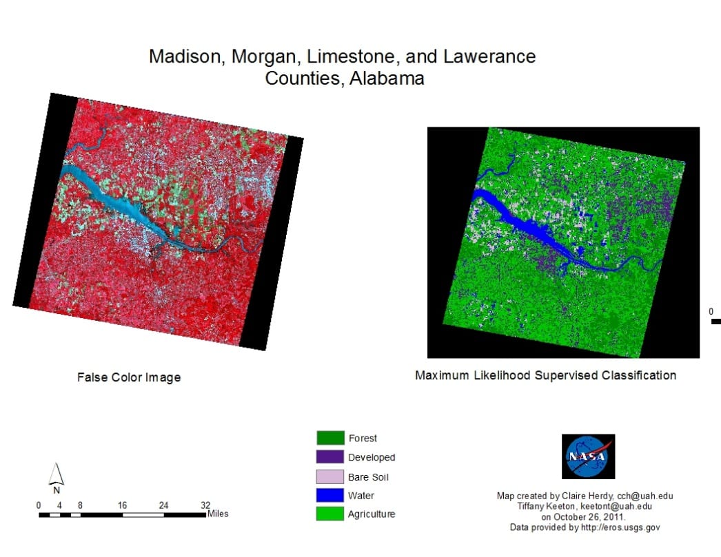 This image shows a 2011 ASTER image of four counties in Alabama. Unclassified, false color image is displayed on the left. The MFSC team used maximum likelihood supervised classification with six classes to determine Land Cover Land Use (LULC) in the study area, shown at the right.