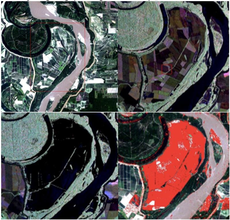 The above images show a large flooded agricultural area at Mississippi River Mile 502, south of Pittman Island in Issaquena County, Mississippi. Left to right, from top to bottom: Location of the following subset images (red box),NASA UAVSAR color composite image for Flight 09044 (June 2009), UAVSAR color composite image for Flight 11033 (June 2011), and  inset showing red pixels classified as water that was present in the 2011 UAVSAR image. 