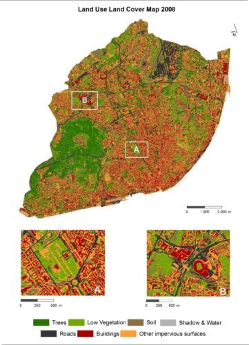 Figure showing land cover map of 2008 derived from IKONOS imagery and LiDAR data for the city of Lisbon.