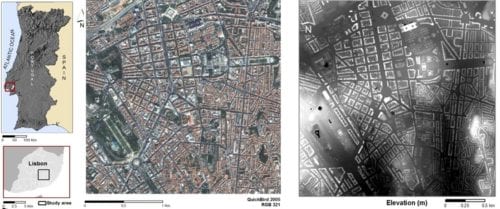 Figure showing study area for solar potential analysis in Lisbon and the Digital Surface Model from 2006.