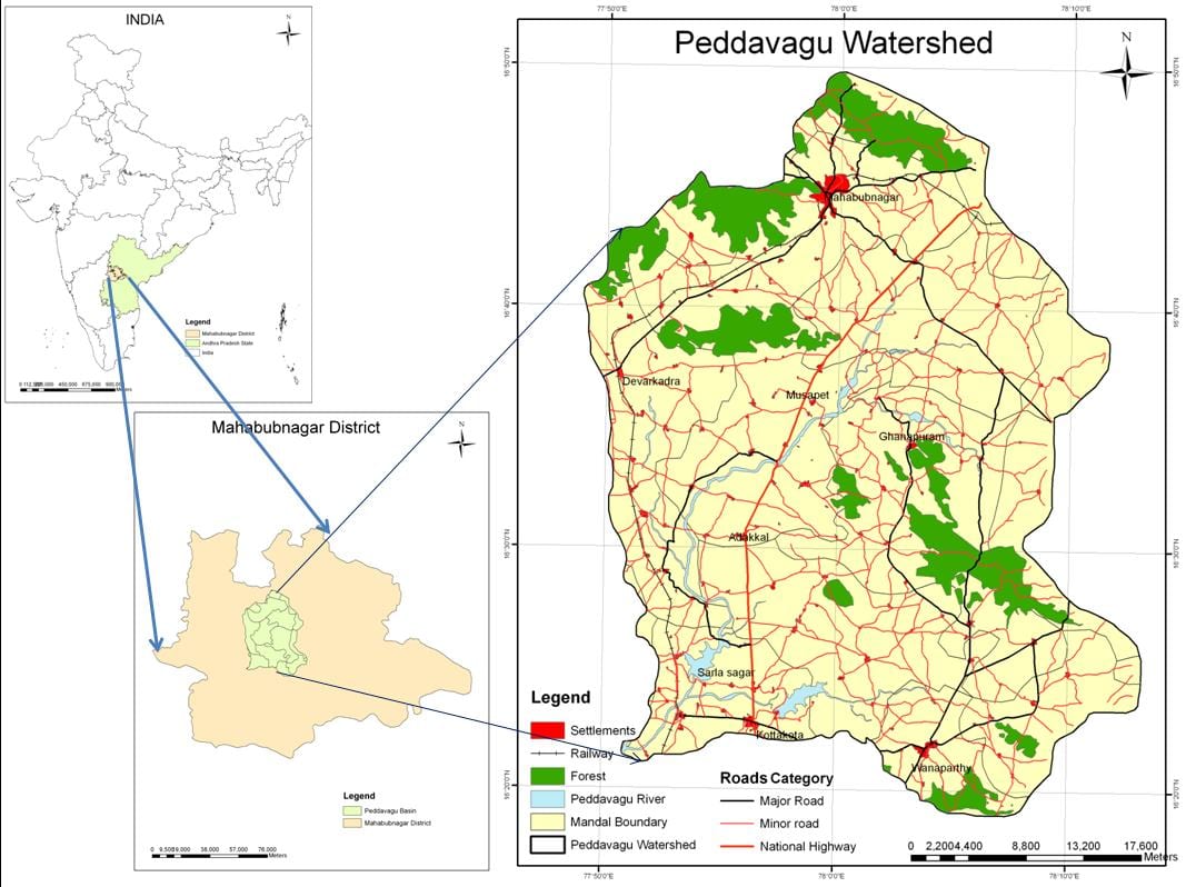 Map showing the location of Peddavagu basin, a tributary of Krishna River basin