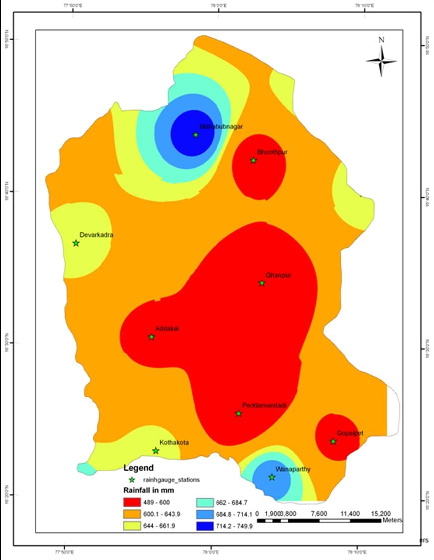Map showing spatial Variation of Ten Years Average Annual Rainfall of the Peddavagu Basin, a tributary of Krishna River basin