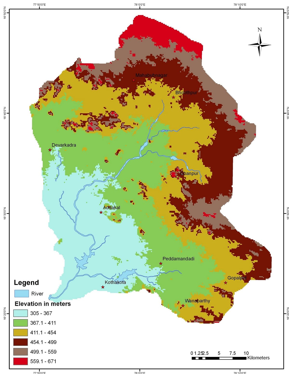 Map of Digital Elevation Model of Peddavagu basin, a tributary of Krishna River basin