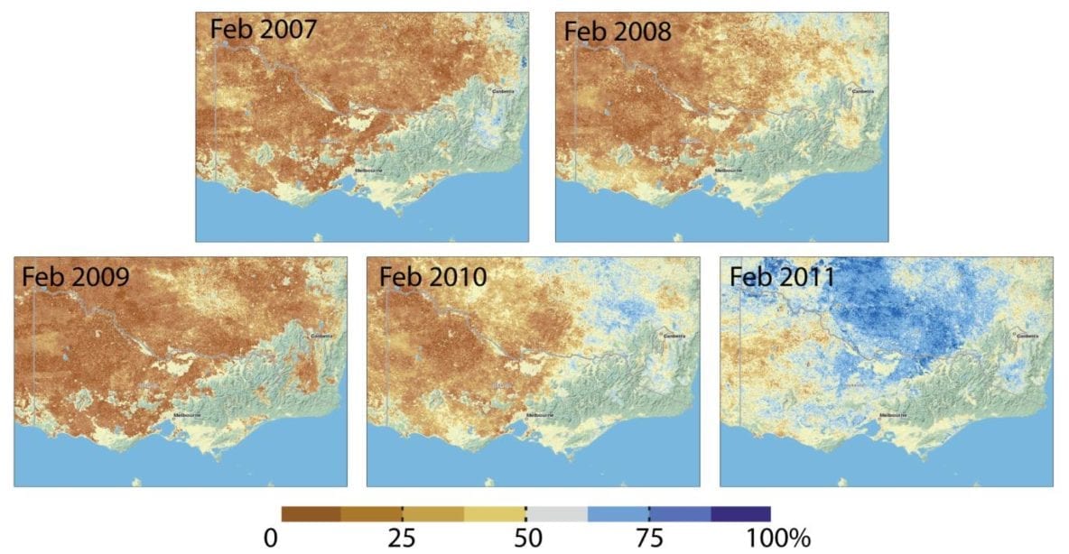 Five maps showing The ASAR GM relative soil moisture product (monthly mean) over Victoria in Feb. 2007-2011.