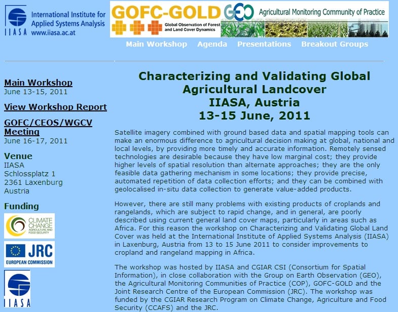 screenshot of Home page for the Characterizing and Validating Global Land Cover Workshop with links to the presentations and final report