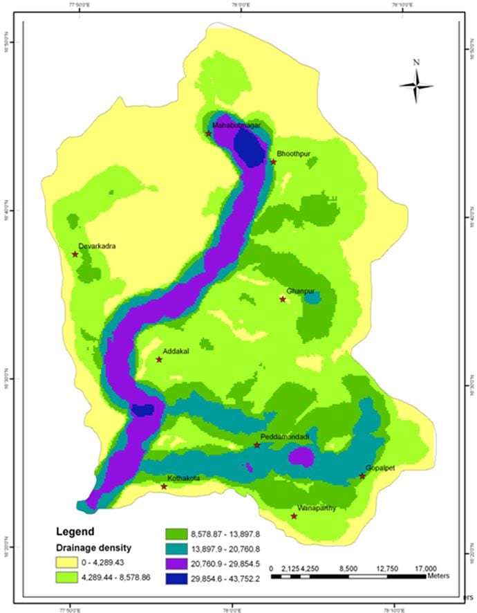 Map of  Drainage density of Peddavagu Basin, a tributary of Krishna River basin
