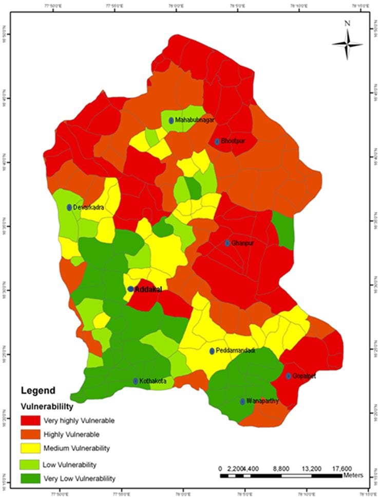Drought vulnerability map of villages in the Peddavagu basin, a tributary of Krishna River basin