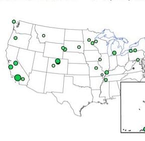 Map of US sites with observed fallout. (Credit: USGS)