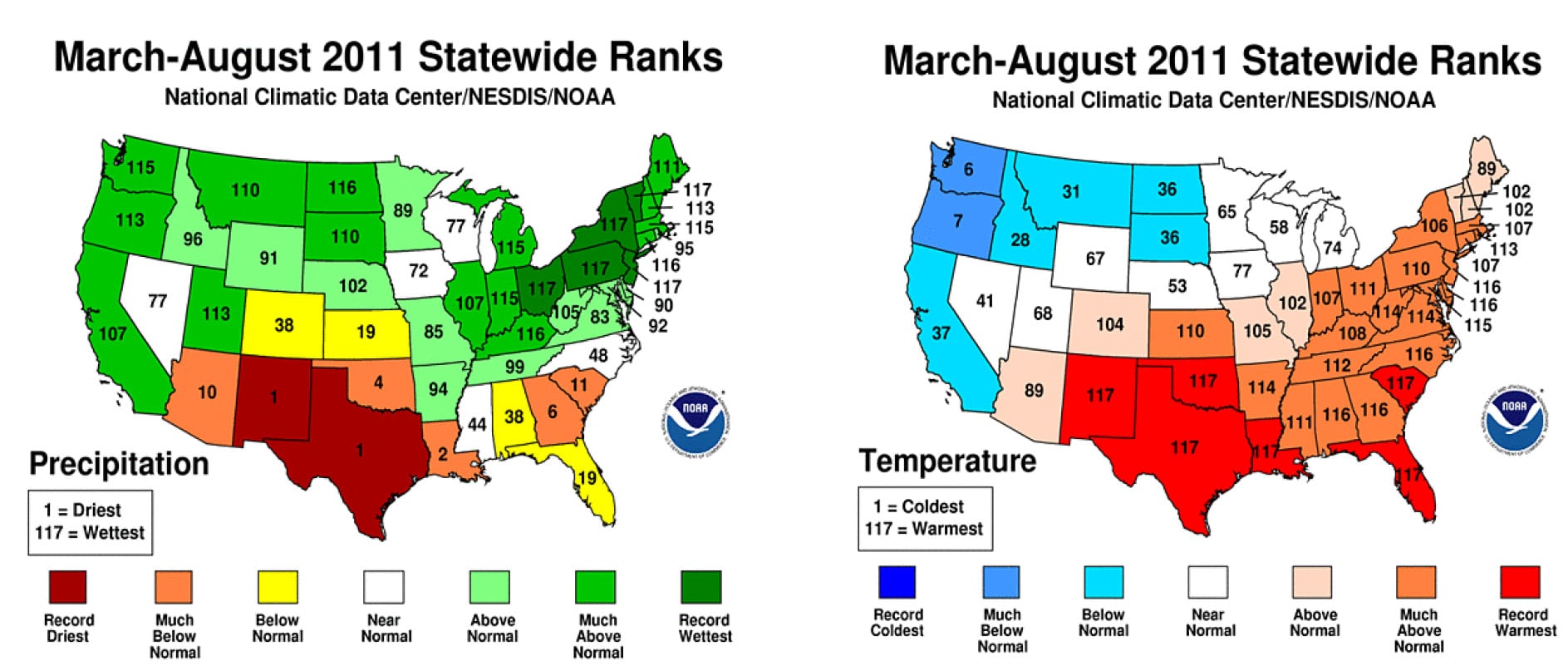 Figure showing state-wide ranks for average March-August 2012 precipitation and temperature. Source: NOAA.