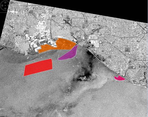 ENVISAT ASAR Image detailing specified areas of low backscatter identified as stormwater plumes (orange, purple) in Los Angeles Harbor in Los Angeles County and a plume from the Santa Ana River (pink) from Feb. 7, 2009, as well as a non-plume region (red). This image details the third day of a five-day storm, with a total precipitation of 1.99 inches.