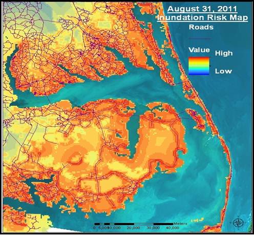 A post-hurricane risk map was generated with Landsat 5 Thematic Mapper data in ArcMap10 using four inundation risk factors: proximity to roads and urbanization (as an indication of human activity), wetlands, and proximity to water.