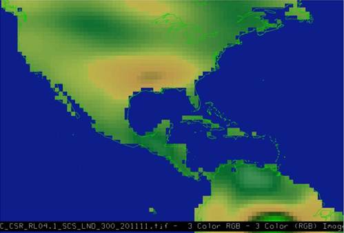 The GRACE equivalent water thickness anomaly for the month of November 2011 is represented in this raster image. Data is in the form of pixels. Variation of the color reflects the changes in equivalent thickness of water.