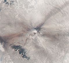 Satellite photo of the erupting volcano Shiveluch. Credit NASA Earth Observatory.