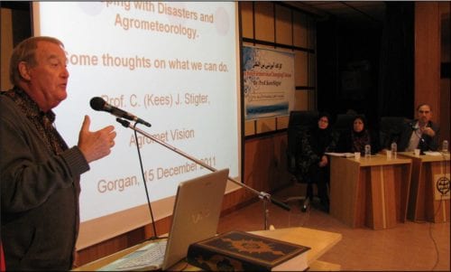 Fig. 1. Prof. Kees Stigter lecturing in Iran on “Coping with Disasters” which, will have to be done even more intensively under a changing climate (Photo Dr. Mohammad Asadi, Gorgan, Iran).