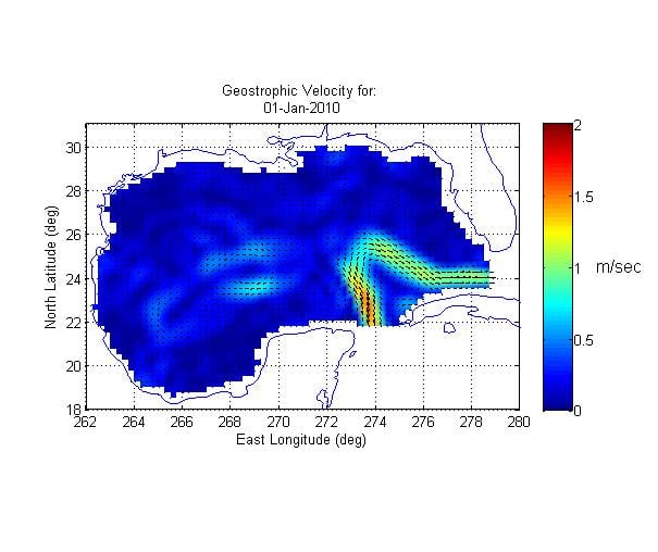 Geostrophic Velocity Product Produced by Processing Sea Surface Height Anomaly Data in Matlab. 