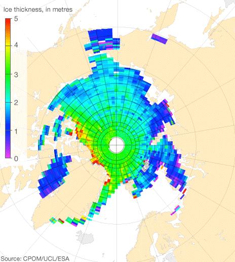 Cryosat’s map of Arctic sea ice thickness, April 2011. Source: CPOM/UCL/ESA.
