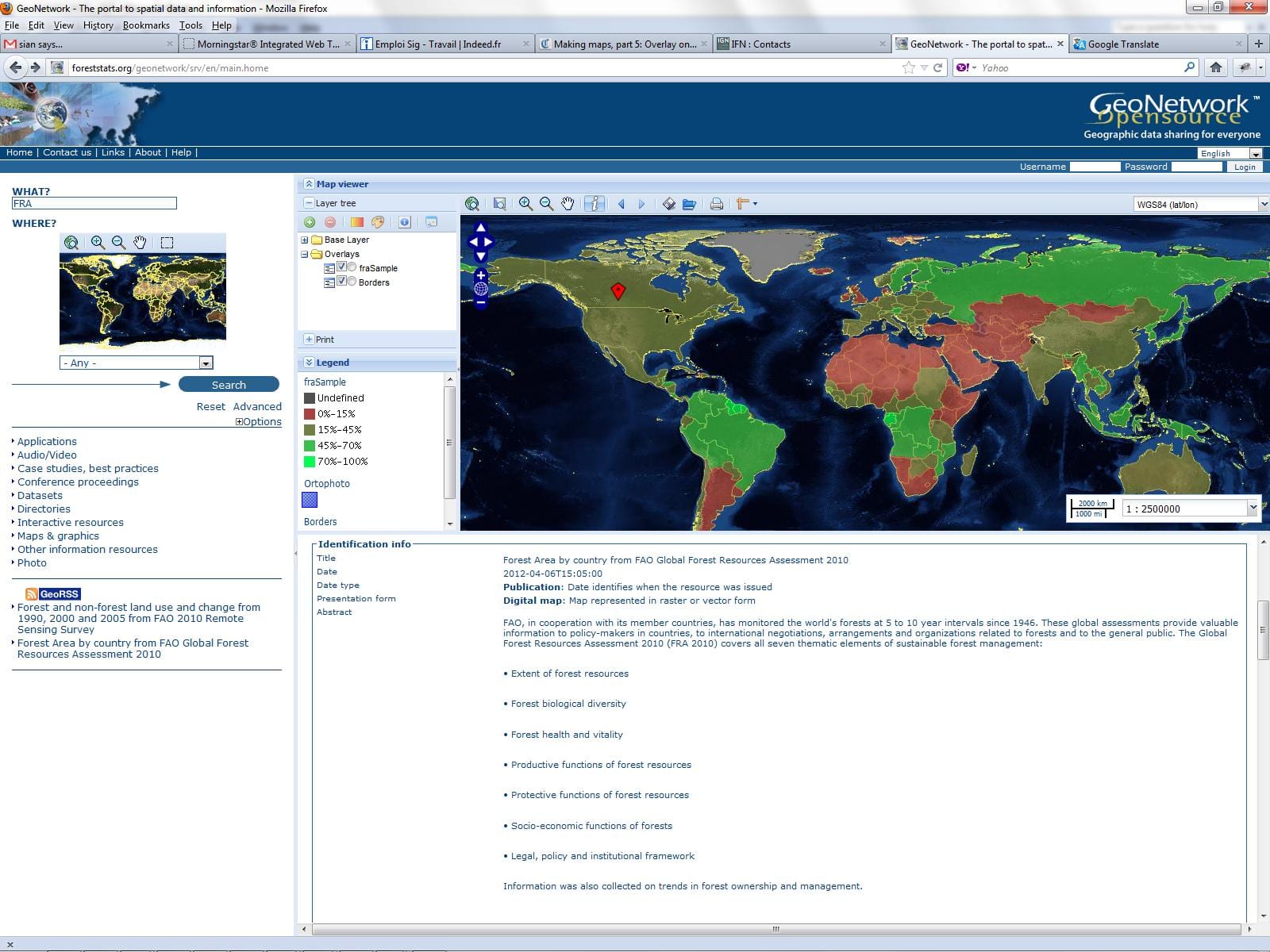 Screenshot of the FAO FRA GeoNetwork Metadata catlogue showing an example of forest area as percentage of total country area for the year 2000.