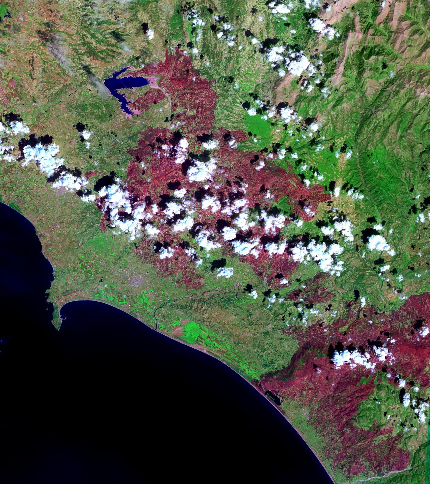ASTER image acquired September 4 over the western coast of the Peloponnesus Peninsula. In the Bands 6-3-1 composite, burned areas appear in dark red, and unburned vegetation is green. Credit: NASA/GSFC/METI/Japan Space Systems, and U.S./Japan ASTER Science Team.