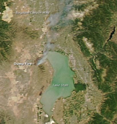 Satellite imagery showing Lake Utah and a dump fire. Credit: NASA Earth Observatory