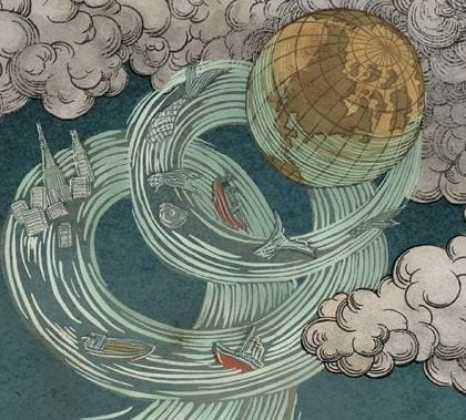 Illustration of the ocean swirling out of control around the world. Illustration: Yuko Shimizu