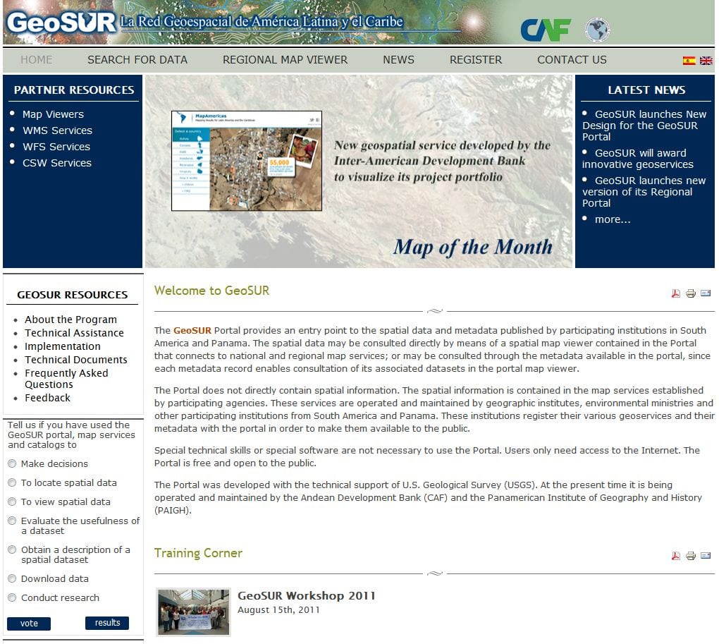 Screenshot of geosur.info screen
