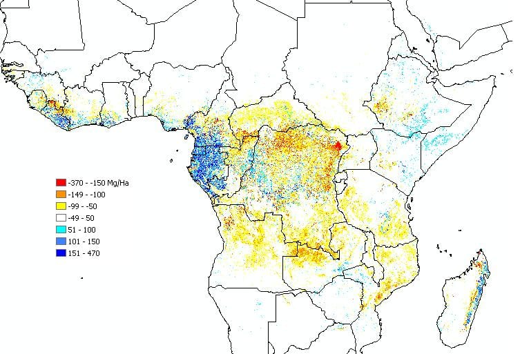 Map showing disagreement of two recently produced tropical biomass datasets for africa with blue referring to higher biomass values on the NASA map, while red indicates the same for the WHRC
