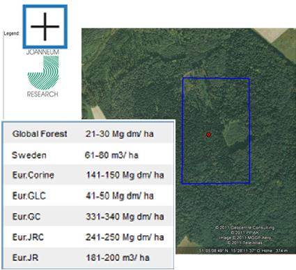 Image of the info button, which provides you with biomass estimates from different datasets (described in Table 1) available for the certain piece of land together with Google image.