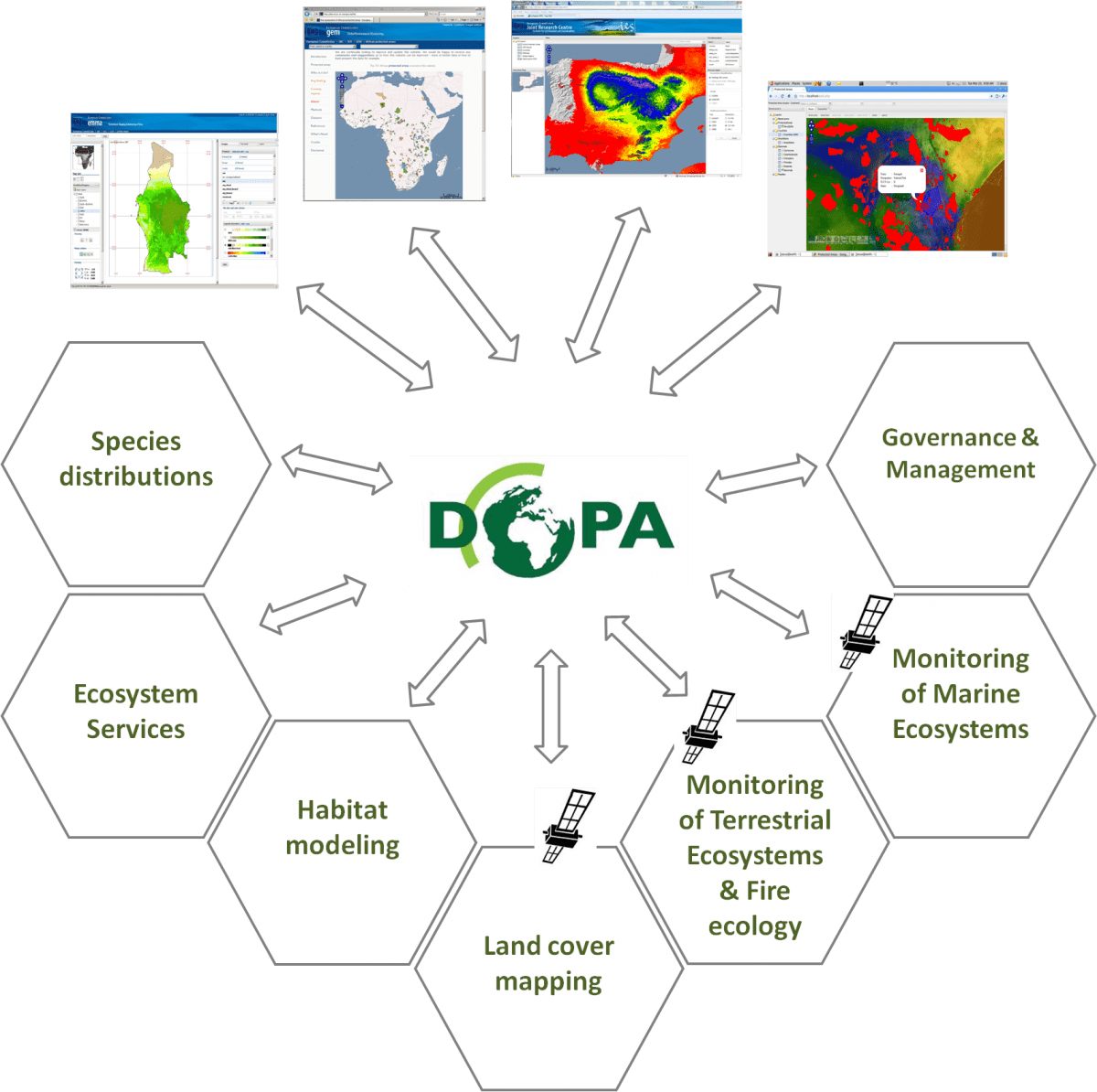 Diagram showing web services being developed at JRC that will be made available by the Digital Observatory for Protected Areas (DOPA).  Credit: DOPA.