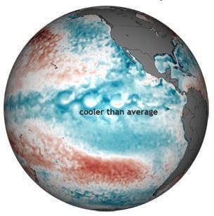 The lead character of the 2011 climate story was a double dip La Niña, which chilled the Pacific at the start and end of the year. Many of the 2011 seasonal climate patterns around the world were consistent with common side effects of La Niña. (Credit: NOAA Climate Portal)