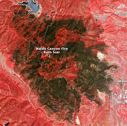 Satellite image of fire scar from the Waldo Fire BUrn in Colorado