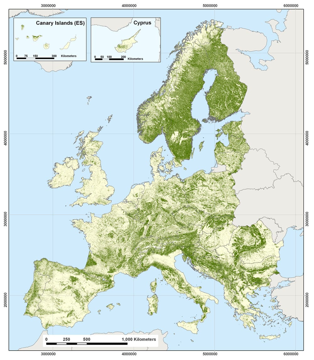 Map showing JRC Forest Map 2000. Source: EC-JRC ÛÒ FRC Unit.