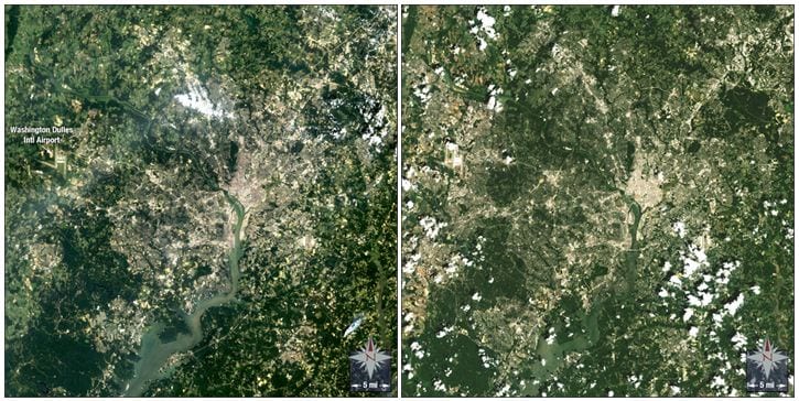 Washington, D.C., in 1984, left, and 2011, right via Landsat 5. Source: NASA.