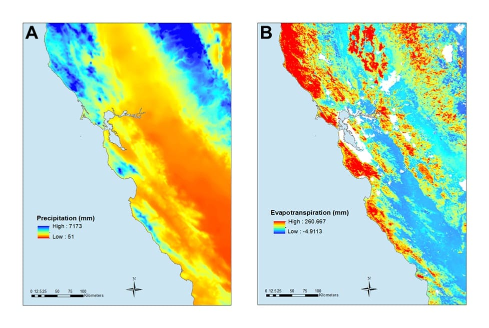 Water variables analyzed in this study including annual precipitation (A), and summer evapotranspiration (B).