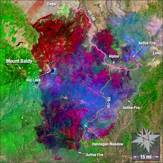 Satellite imagery of Wallow Fire, Arizona, Landsat 5. Image Source: NASA.