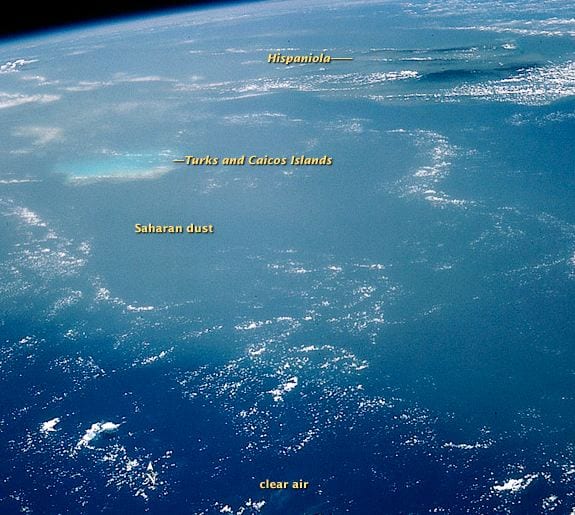 Photograph from space showing Saharan dust in the air over the Americas. Credit: NASA Earth OBservatory