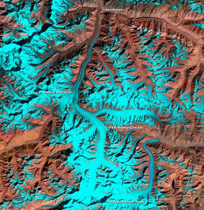 Satellite image of the Fedchenko Glacier. Credit: NASA Earth Observatory