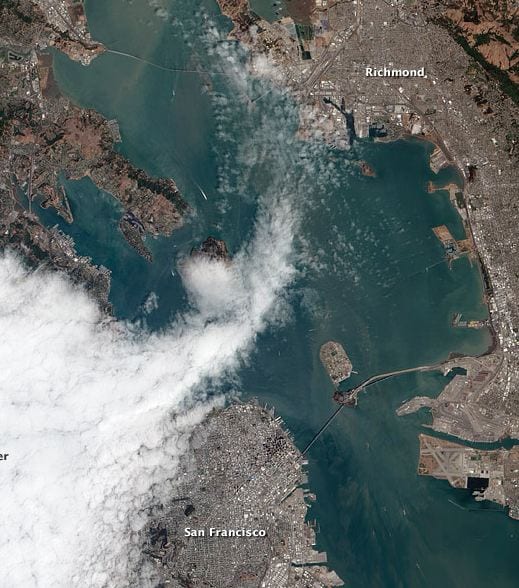 Satellite imagery of fog rolling into San Francisco bay. Credit: NASA Earth Observatory
