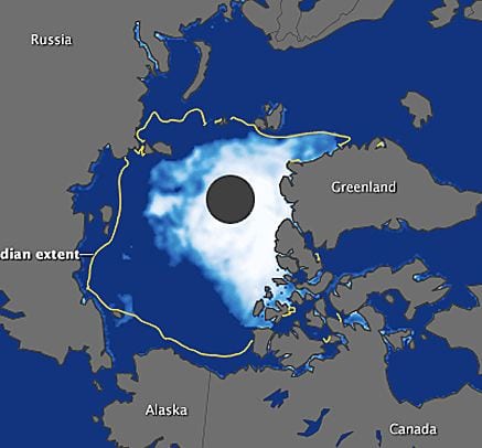 This NASA map, based on satellite data, shows the new record-low summer sea ice extent of 1.58 million square miles in the Arctic Ocean, as recorded on August 26. The amount of sea ice covering the Arctic Ocean at the end of summer is now 45 percent lower than the average from 1979 to 2000. The black dot represents the region surrounding the North Pole. (NASA)
