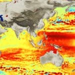False color image of the global oceans showing their annual change in mm. Credit BBC
