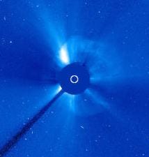 ASA's Solar and Heliospheric Observatory captured this image of a particularly wide coronal mass ejection (CME) that erupted from the sun at 10:23 p.m. EDT on Sep. 27, 2012. The leading edge of the CME appears to wrap around over half of the entire sun as it moves out into space. (Credit: SOHO/ESA & NASA)