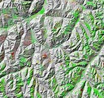 The Grison Alps in eastern Switzerland. The colours represent mean yearly displacement rates derived from Envisat data 2002-10. Red dots depict a subsidence of at least 5 mm per year. Credits: ESA / Gamma Remote Sensing.