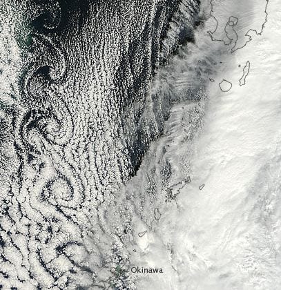 Satellite imagery of cloud vortices. Credit: NASA Earth Observatory